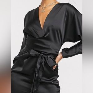 ASOS batwing sleeve mini dress in satin with wrap waist in black Us 6